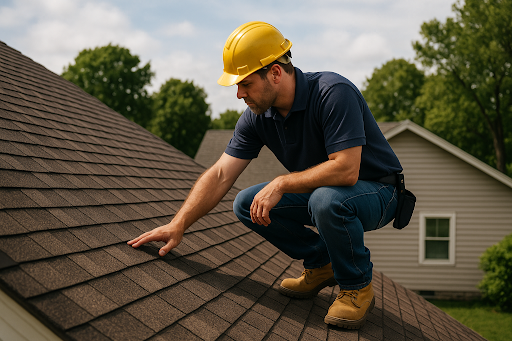 Roofing contractor inspecting the residential roof.
