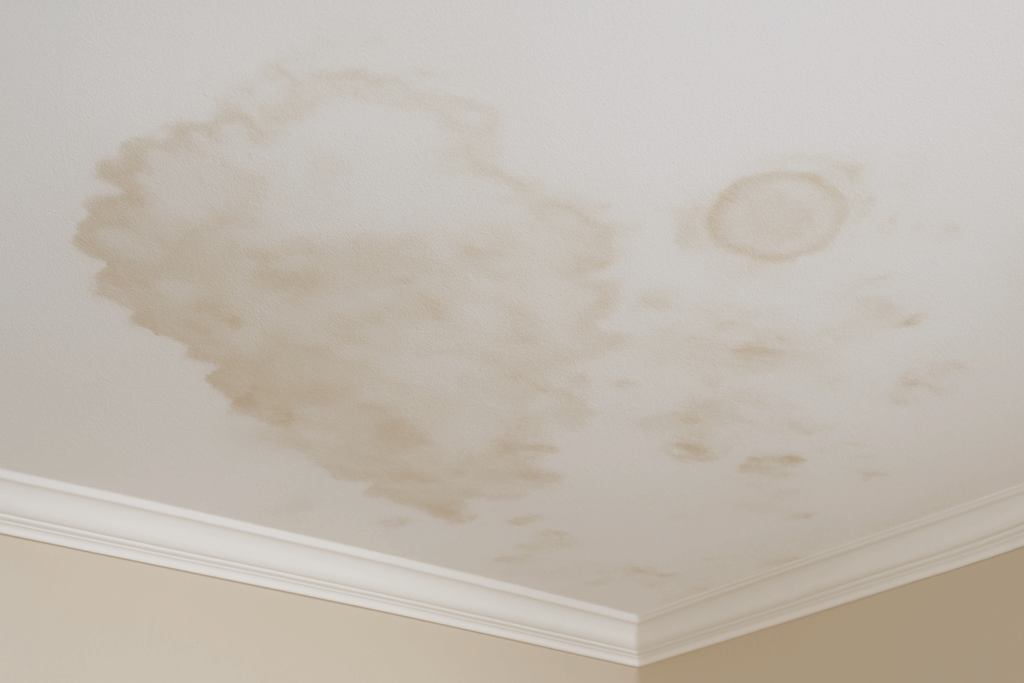 Water stains on the ceiling caused by a leaking roof.