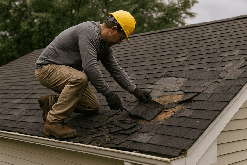 Roofing contractor replacing storm-damaged shingles on a home.