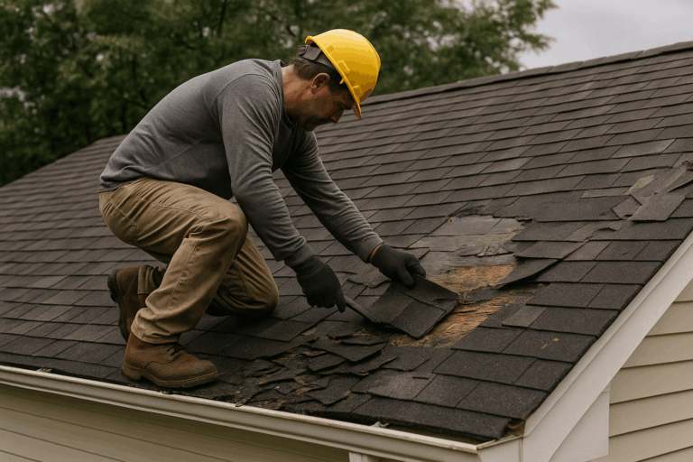 Roofing contractor replacing storm-damaged shingles on a home.
