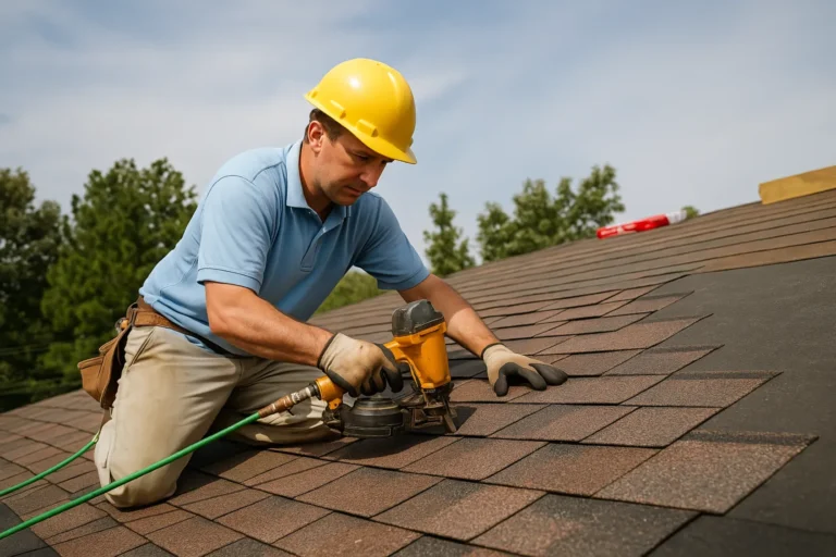 Roofing contractor installing new shingles on a home.